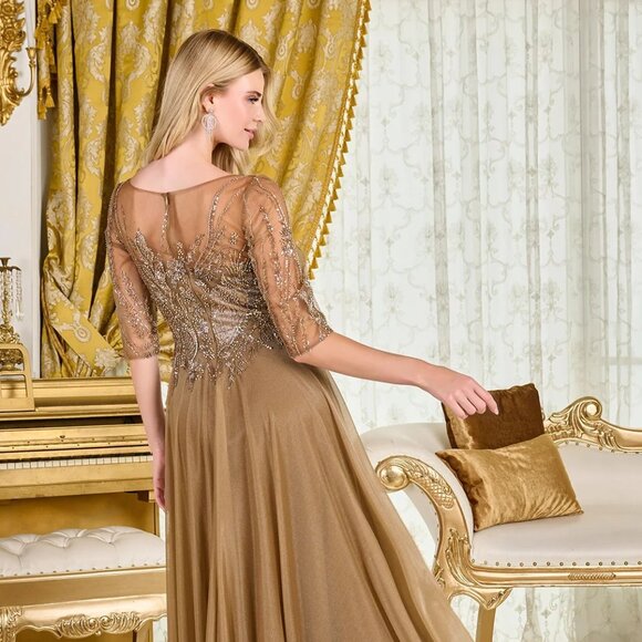 New Beads Embellished Maxi Mother Of Bride Beaded Gown w/ 3/4 Sleeves GL3786 - Picture 13 of 14